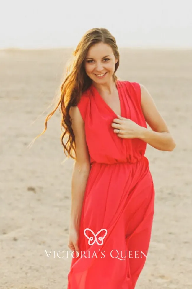 Flowy orange red chiffon V neck split long summer dress Flowy orange red chiffon V neck split long summer dress