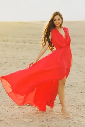Flowy orange red chiffon V neck split long summer engagement dress