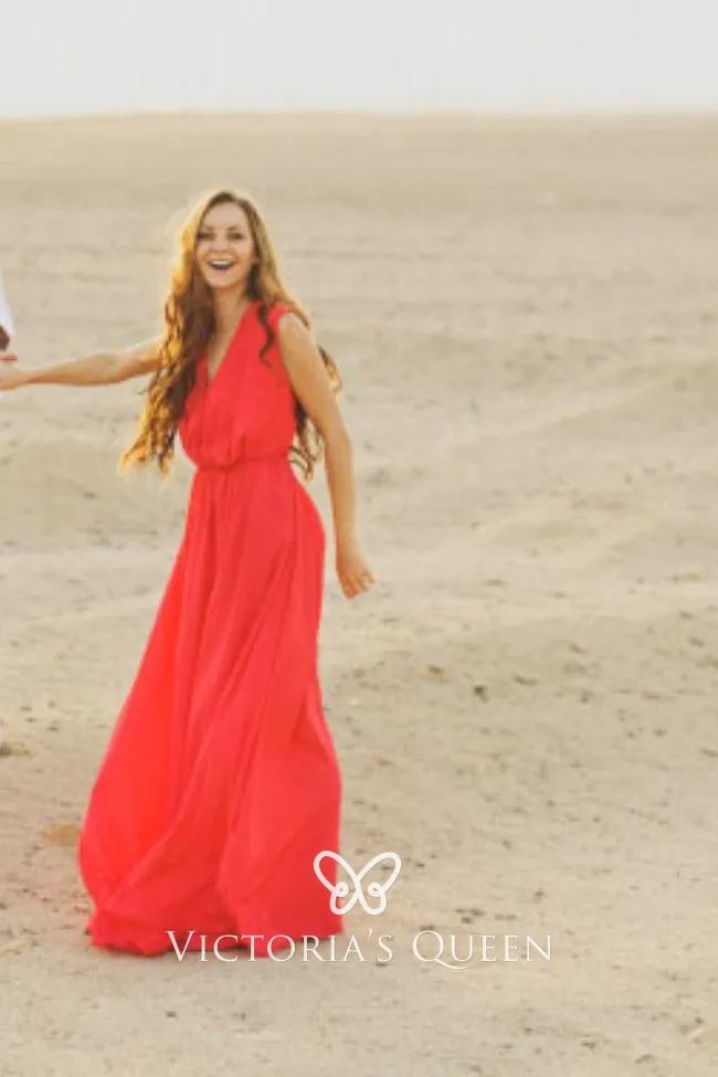 Flowy orange red chiffon long summer engagement dress Flowy orange red chiffon long summer engagement dress