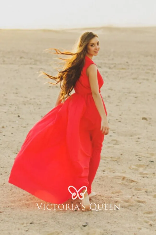 orange red chiffon V neck split long summer engagement dress orange red chiffon V neck split long summer engagement dress