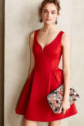 wide straps curved V neckline red satin short fashion cocktail dress