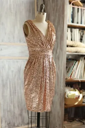sparky gold sequin sleeveless v neck short slim bridesmaid dress