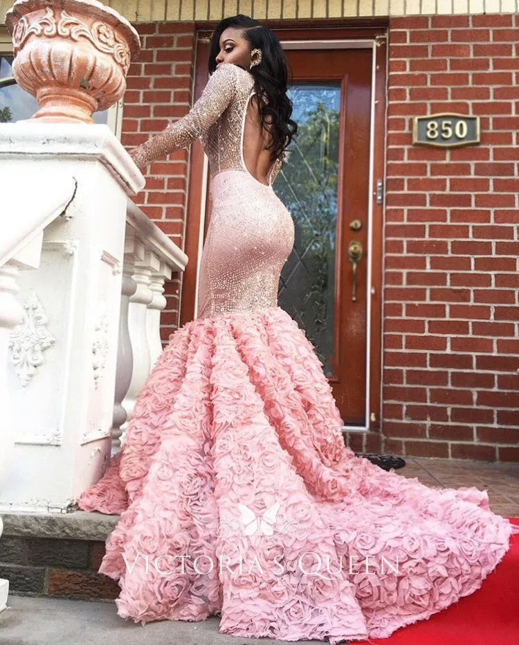 Illusion Long Sleeve Pink 3D rose Trumpet Open Back Prom Dress Illusion Long Sleeve Pink 3D rose Trumpet Open Back Prom Dress