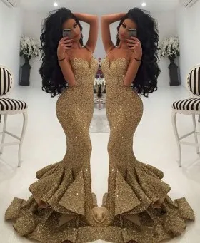 stunning gold sequin flounced mermaid evening prom dresses with spaghetti straps