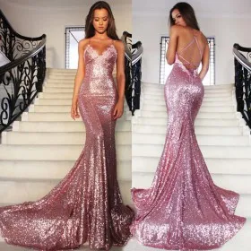 Rose pink Sequin spaghetti strap V Neck Backless Mermaid Prom Evening Dresses