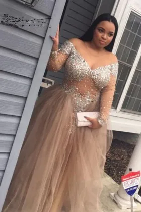 Beaded Off Shoulder V Neck Long Sleeve Sheer champagne Tulle Prom Dress