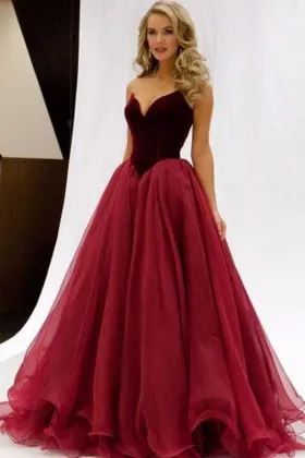 Charming Burgundy Velvet and Tulle V Neck Long Prom Ball Gown