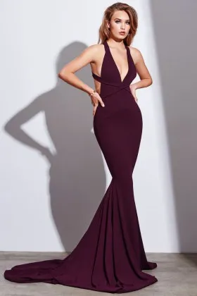 Sexy Burgundy Halter Plunging Sleeveless Mermaid Long Prom Dress