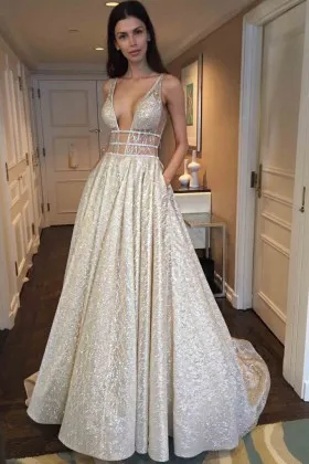 Stunning Champagne Sequin Plunging Sheer Top Sexy Prom Ball Gown