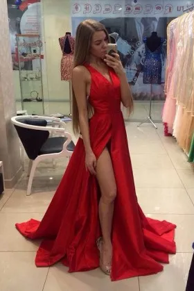 Sexy Red Satin V neck Sleeveless Thigh high Slit Long Prom Dress