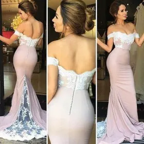 Elegant Off Shoulder Dusty Pink Lace and Jersey Mermaid Long Bridesmaid Dress