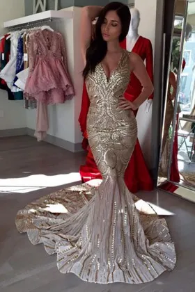 Gold Sequin Feather Mermaid Evening Gown Sheer V-Neck Beaded Prom Dress DS4917 main image 1