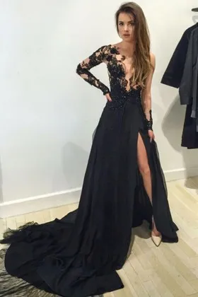 Black Illusion Plunging Lace and Chiffon Long Sleeve A line Long Prom Gown