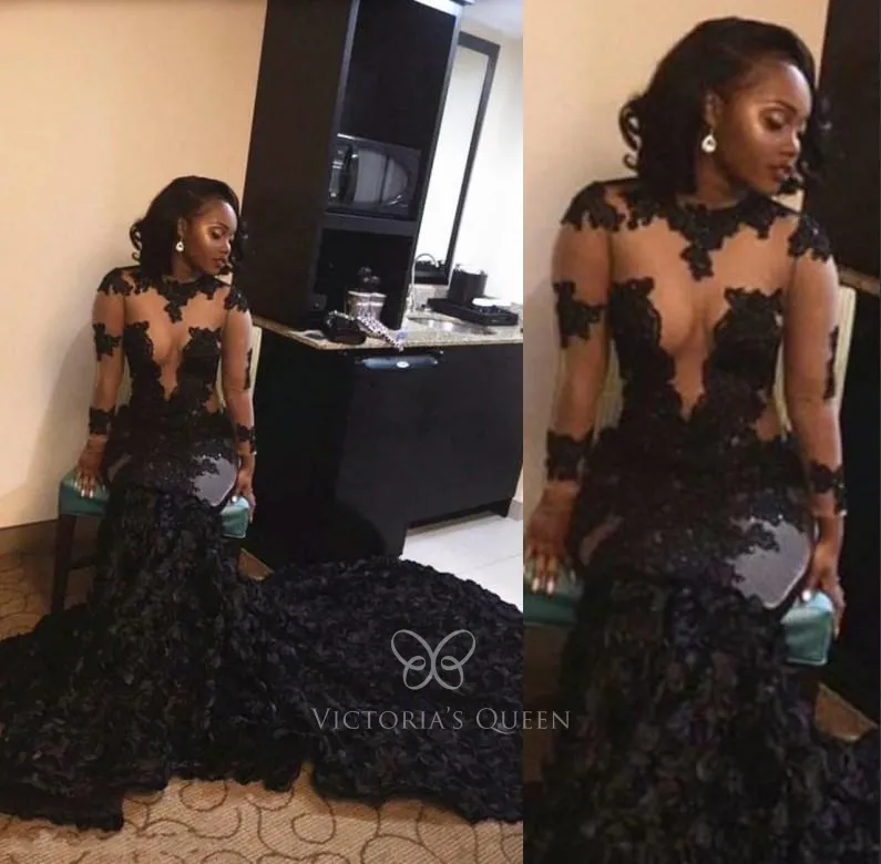 Illusion Black Lace Long Sleeve 3D Rosettes Prom Gown - VQ