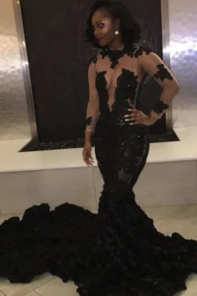 Illusion Black Lace Long Sleeve Ruffled Mermaid Long Prom Gown