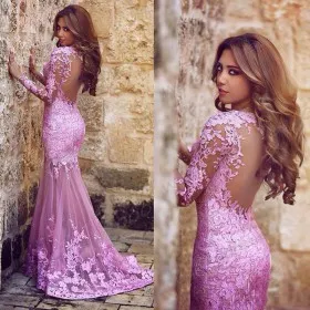 lilac Lace and Tulle Long Sleeve Mermaid Sheer Back Long Evening Prom Dress
