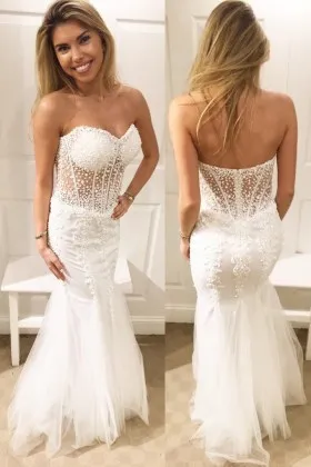 Sexy Beaded Illusion Strapless Mermaid long Prom Dress