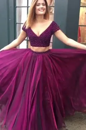 Two piece beaded plum tulle deep V neck cap sleeve prom dress