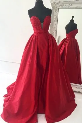 Strapless Plunging Neckline Floor length Overskirt Red Satin Wrapped Prom Dress