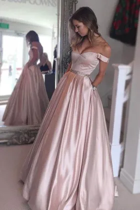 off the shoulder a line long pearl pink satin prom dress with sequined sash
