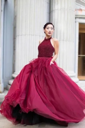 feminine halter neckline beaded bodice wine tulle floor length prom ball gown