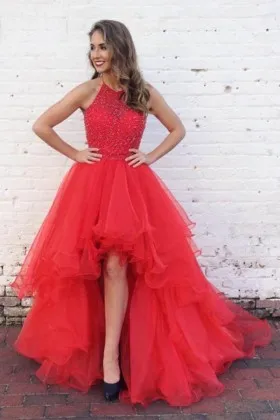Beaded Halter Illusion Neckline High low Ruffled Red Tulle Prom Dress