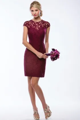 Charming short wine lace hollow back cap sleeve bridesmaid dress