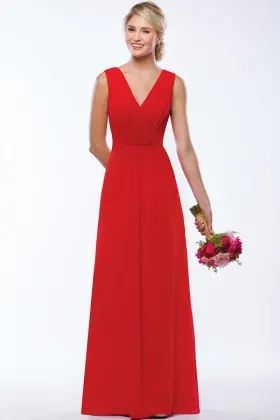Pleated Red Chiffon V neck Sleeveless A line Floor Length Bridesmaid Dress