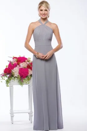 Elegant grey chiffon halter A line long bridesmaid dress