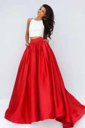 white and red satin two tone two piece halter evening ball gown prom dress