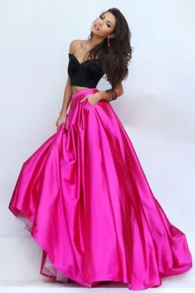 black and fuchsia satin two piece two tone off the shoulder prom ball gown