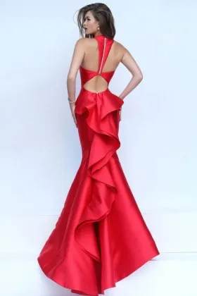 Volume wave ruffled details red satin mermaid long prom dress