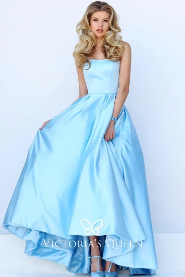 Strapless Blue Satin High Low Prom Dresses, High Low Blue Formal Evening Dresses main image 1