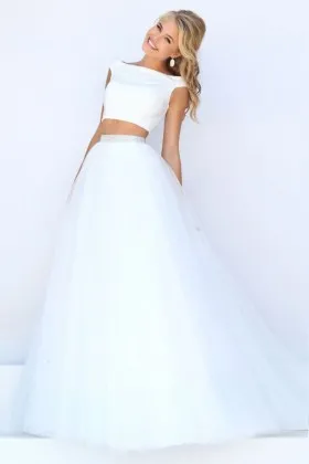 white satin and tulle boat neckline cap sleeve two piece prom dress