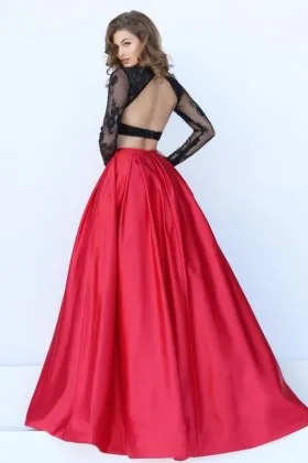 black lace and red satin two tone two piece long sleeve ball gown prom dress