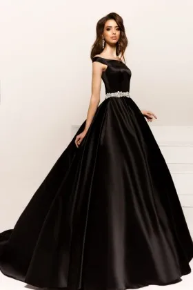 demure black satin off the shoulder prom ball gown with crystal belt