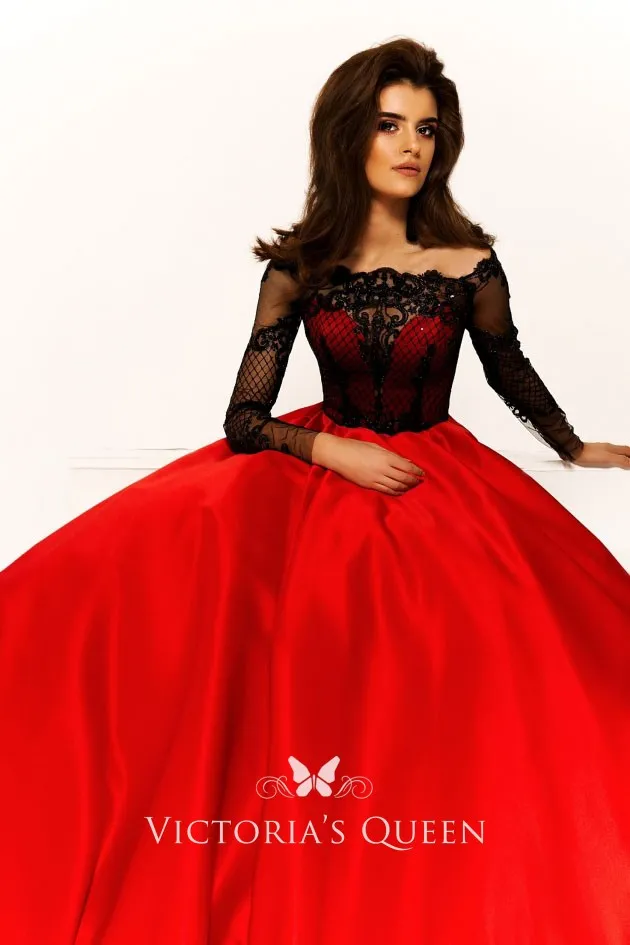 red ball gown with off the shoulder long sleeve black illusion lace top red ball gown with off the shoulder long sleeve black illusion lace top