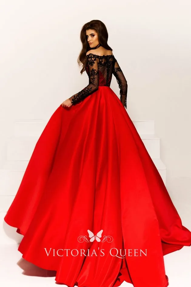 red prom ball gown with off the shoulder long sleeve black illusion lace top red prom ball gown with off the shoulder long sleeve black illusion lace top