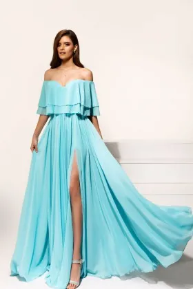 alluring tiffany blue chiffon off the shoulder thigh high slit long prom dress