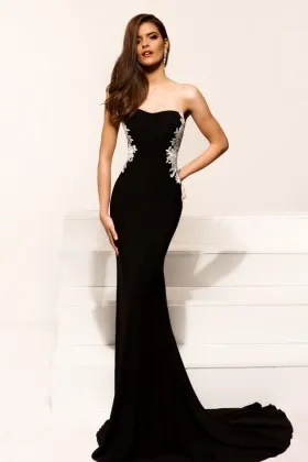 elegant black mermaid chapel train prom dress with floral ivory lace appliques