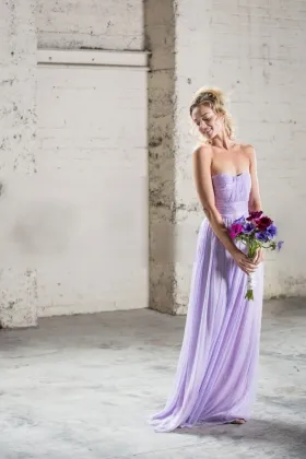 lavender crinkle chiffon strapless long bridesmaid dress