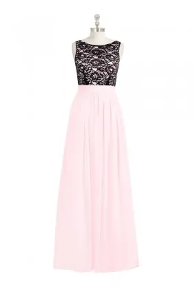 floral black lace bodice with pink chiffon A line long bridesmaid dress