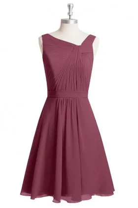 sangria chiffon asymmetrical pleated neckline short A line bridesmaid dress