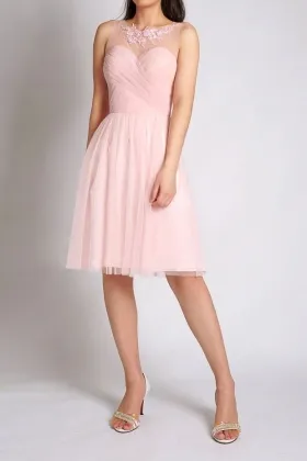 Ultra feminine pink illusion sweetheart tulle short bridesmaid dress