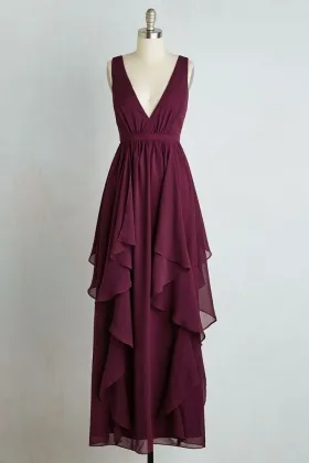 V Neck Sleeveless Plum Ruffled Chiffon A Line Long Bridesmaid Dress