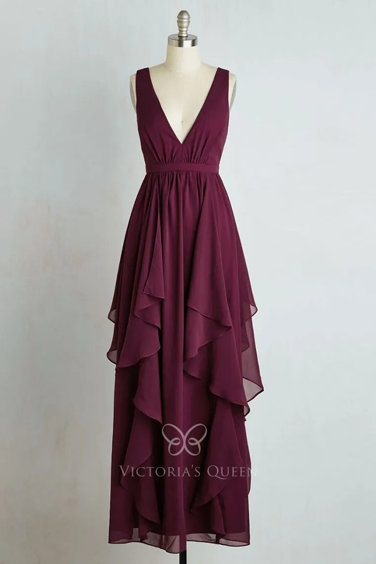 VNeck Sleeveless Plum Ruffled Chiffon ALine Long Bridesmaid Dress VQ