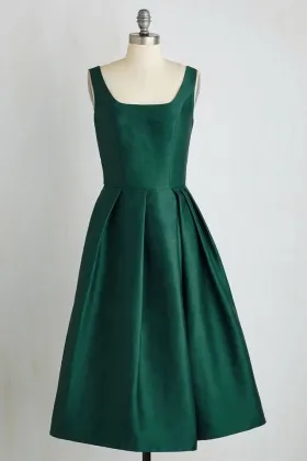 tea length green satin sleeveless scoop neck A line bridesmaid dress