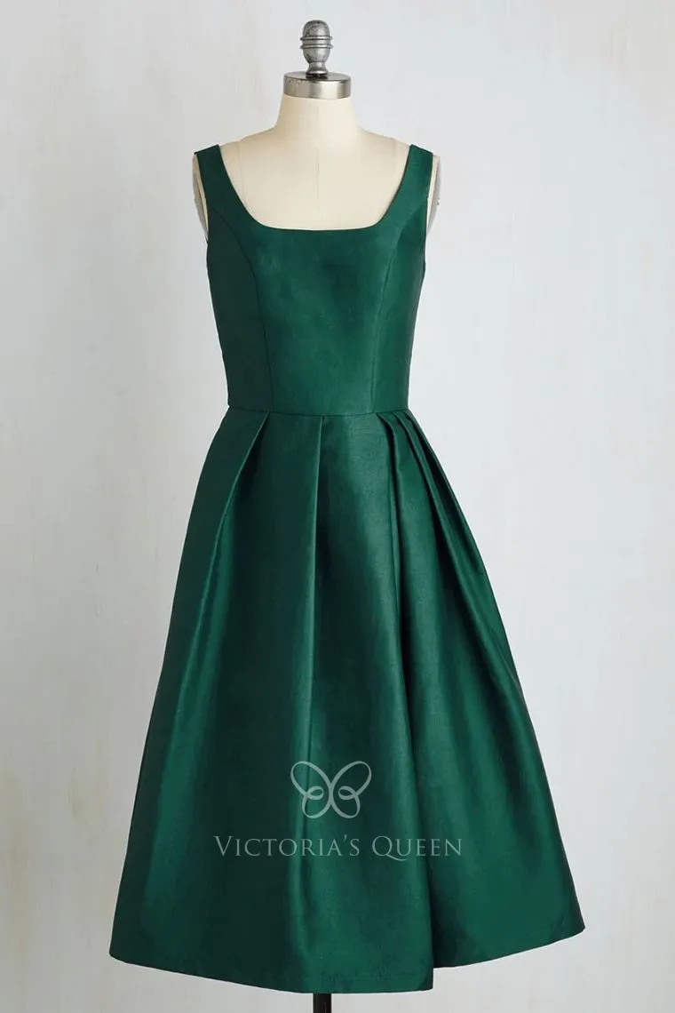 tea length green satin sleeveless scoop neck A line bridesmaid dress
