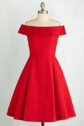 Red Satin Off Shoulder A Line Short Elegant Bridesmaid Dress