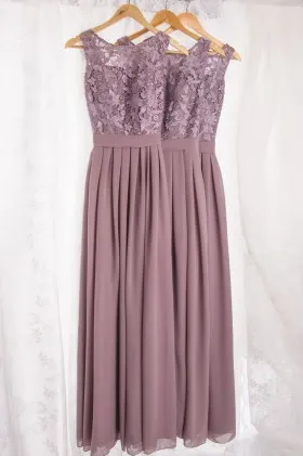 Mauve lace and chiffon illusion bateau neck long bridesmaid dress